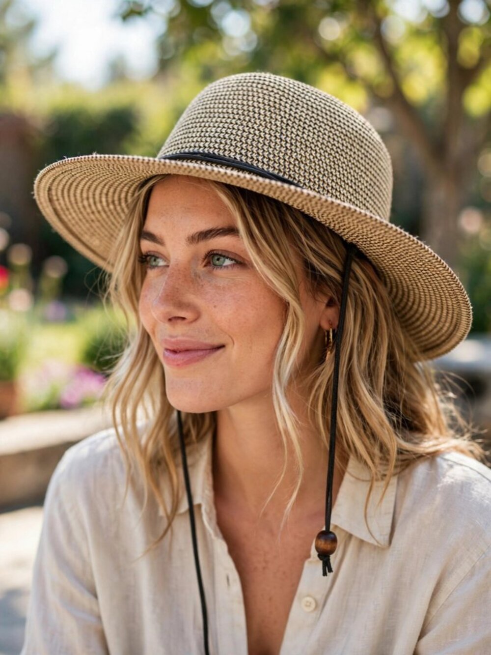 Wide Brim Straw Sun Hat with Chin Cord